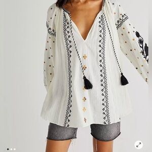 Free People White and Black Embroidered Blouse